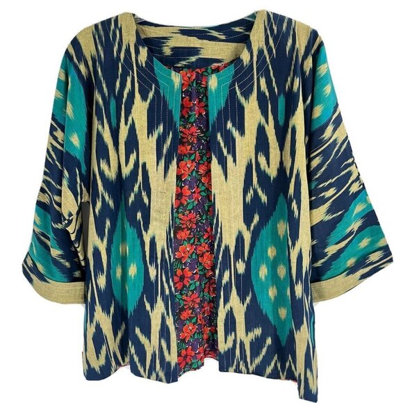Jackets & Blazers - Handmade Ikat Jacket Boho Turquiose Print Sz Large Festival Funky Art to Wear